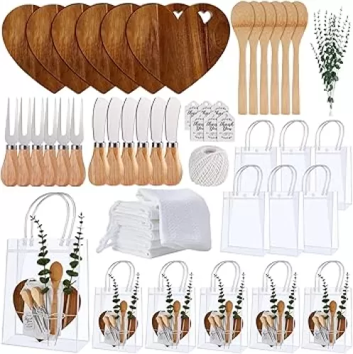 55Pcs Baby Shower Prizes for Game Winners 6 Sets Charcuterie Board with Spoons Butter Spreaders Forks Plaid Towel Thanks Card and Gift Bags for Bridal Shower Favors Party (Heart Shaped)
