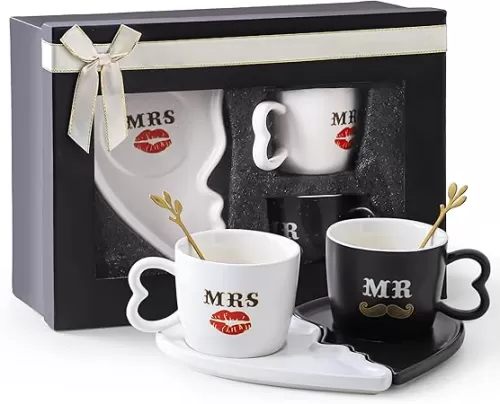 6 Oz Porcelain His & Hers Couple Coffee Mugs Set with Heart-shaped Handles, Kiss Pattern, Saucers & Gold Stirrers, Ideal for Couples, Weddings, Engagement Gifts and Housewarmings.