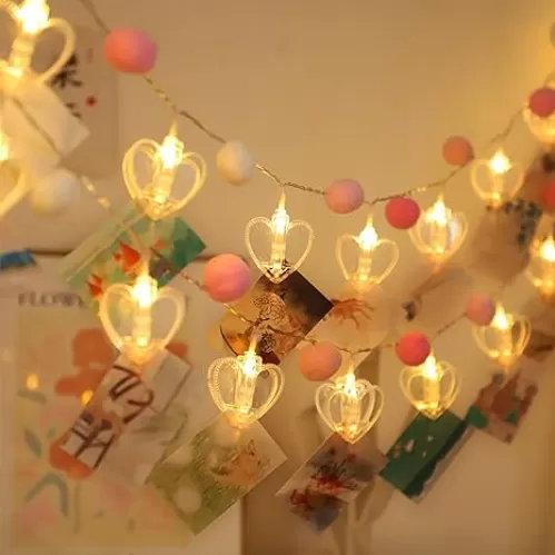 9.85Ft Photo Clip String Lights with 20 Cute Pompoms 20 LED Clear Heart Clips Fairy Lights for Hanging Pictures Photo Lights with Timer Ideal Gifts for Dorm Bedroom Wall Party Wedding Home Decorations