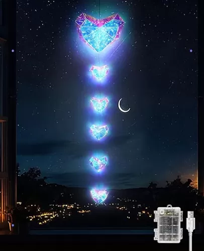 AceList 150 LED Iridescent Heart String Lights - Holographic Hanging Heart Lamp with USB & Battery Power for Home, Bedroom, Window, Wedding, Valentine’s Day, Birthday, Party & Christmas Decorations