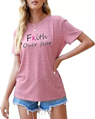 AEURPLT Womens Pink Ribbon Breast Cancer Awareness Shirts Gifts Faith Over Fear Short Sleeve T Shirt Tops Tees