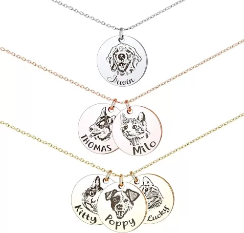 Anavia Personalized Pet Portrait Necklace, Handmade Memorial Jewelry Gift, Custom Round Disc Photo Engraved Necklace for Animal Lovers, Dog Mom, Dog Dad