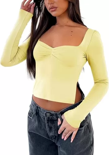 Balimtoy Womens Long Sleeve Going Out Crop Tops Cute Y2K Fall Shirts Sweetheart Neckline Bustier Top with Slit