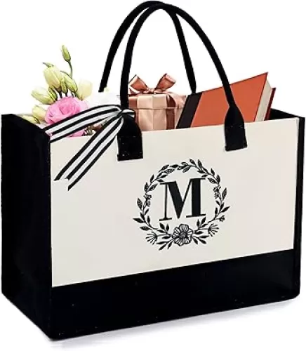 BeeGreen Gift Basket Monogram Initial Canvas Tote Bag with Pocket Embroidery Personalized Tote for Mom Teacher Friend