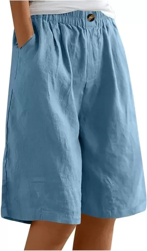 Bermuda Shorts for Women Knee Length Wide Leg Summer Short Pants High Waisted Cotton Linen Short Plus Size Crop Pant