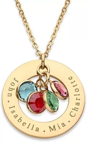Birthstone Necklace for Mom 1 to 5 Kids Names and Birth Month Stones, Custom Family Jewelry for Women, Personalized Birthday Day, Mother's Day Gift for Wife Girlfriend, Grandma, 18k Gold Plated