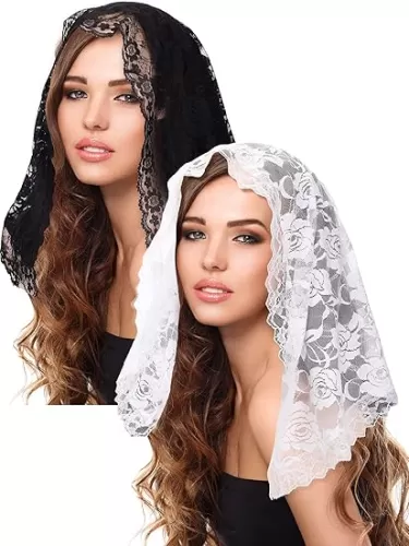 Boao 2 Pieces Floral Lace Veils for Women Head Covering Latin Mass Mantilla Veils Short Scarf for Bridal