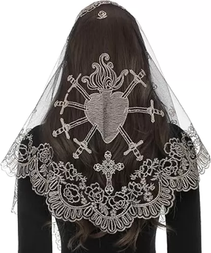 Bozidol Catholic Veils for Women Mass, Seven Sorrows Sacred Heart Embroidered Church Mantilla Chapel Veil Lace Head Coverings