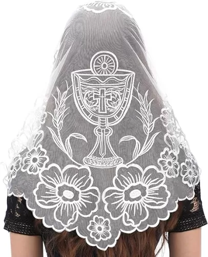 Bozidol Church Triangular Head covering - Cross Chalice Embroidered Vintage Church Veil for Women