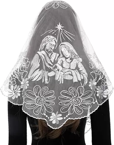Bozidol Church Veil Triangular Mantilla - Cross Chalice Embroidered Vintage Catholic Mass Veil for Women