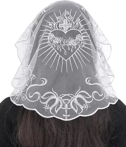 Bozidol Mantilla Church Chapel Veil: Small Round Sacred Heart Lace Veils for Women Mass Prayer, Rose Christian Head Veil