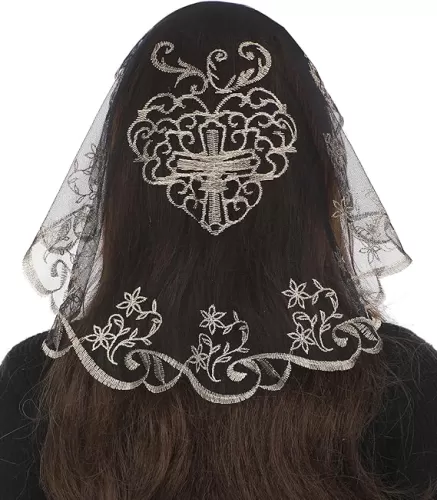 Bozidol Mantilla Veils for Church Catholic, Small Sacred Heart Cross Lace Chapel Veil, Latin Mass Head Coverings for Women