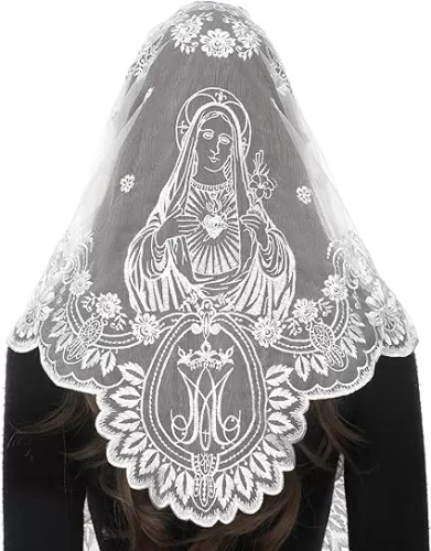 Bozidol Triangular Camellia Sacred Heart Veil - Church Wedding Embroidered Camellia Sacred Heart Wavy Short Veil Scarf