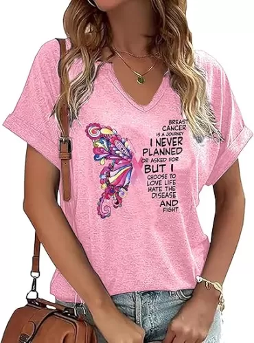 Breast Cancer Awareness Shirt for Women Awareness Pink Ribbon Graphic Tees Fight Cancer Tshirts V-Neck Casual Shirt