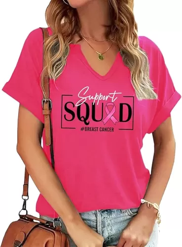 Breast Cancer Awareness Shirt Pink Ribbon Breast Cancer Support Squad Tshirts Cancer Survivor V-Neck Tops