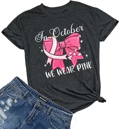 Breast Cancer Awareness Shirt Women: in October We Wear Pink Graphic Tees Ribbon Bow Tie Short Sleeve Crewneck T-Shirt