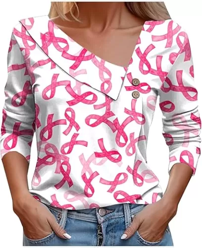 Breast Cancer Awareness Shirts for Women Long Sleeve Oblique Collar V Neck Pink Ribbon Print October Tops for Going Out