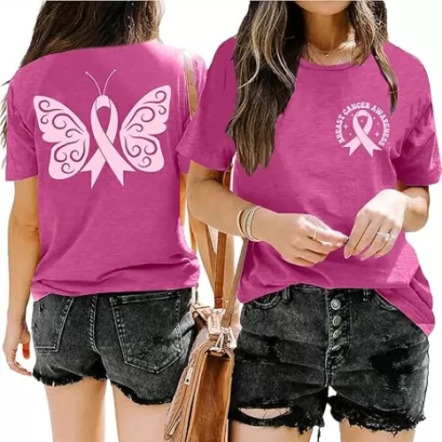 Breast Cancer Awareness Shirts Women: Pink Ribbon Graphic T Shirt Breast Cancer Shirt Butterfly Cancer Tops