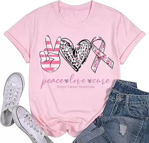 Breast Cancer Awareness Shirts Women Pink Ribbon T-Shirts Cancer Fighter Leopard Heart Graphic Tee Short Sleeve Tops