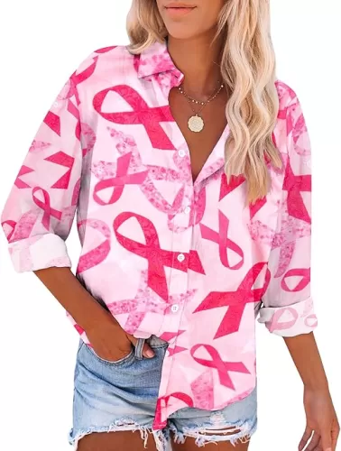 Breast Cancer Shirt Breast Cancer Awareness Shirts Pink Ribbon Shirt Button Down Shirts Women Casual Collar Tops