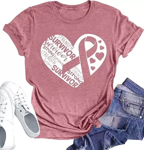 Breast Cancer Shirt for Women Pink Ribbon T-Shirts Graphics Support Cancer Shirts Rainbow Casual Tee Tops