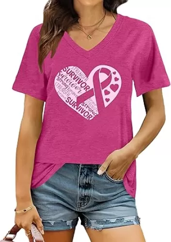 Breast Cancer Shirt Women Pink Ribbon Shirts Breast Cancer Awareness Tee Cancer Survivor V Neck Tshirts