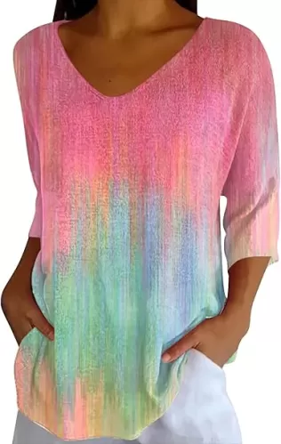 Breast Cancer Shirts for Women 3/4 Sleeve Vneck Floral Striped Tops Breast Cancer Awareness Print Blouses