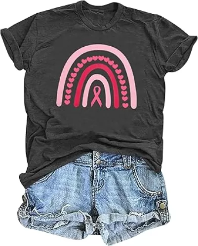 Breast Cancer Shirts for Women Breast Cancer Awareness Shirt Heart Pink Ribbon T-Shirt Inspirational Crewneck Tops