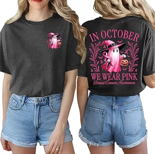 Breast Cancer Shirts for Women in October We Wear Pink Tops Halloween Ghost Costumes Pink Ribbon Awareness Clothing