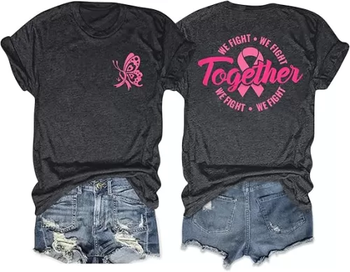 Breast Cancer Shirts for Women Pink Ribbon Awareness Tshirt Cancer Warrior Tee Fight Together Graphic Short Sleeve Top