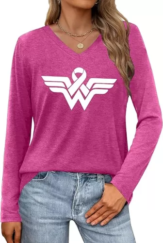 Breast Cancer Shirts for Women Pink Ribbon Long Sleeve Breast Cancer Awareness T-Shirt Cancer Survivor V-Neck Tops