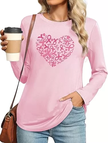 Breast Cancer Shirts for Women Pink Ribbon Long Sleeve Shirt Breast Cancer Awareness Tee Cancer Survivor Pullover Tops
