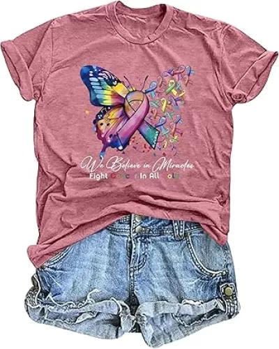 Breast Cancer Shirts for Women Rainbow Pink Ribbon T-Shirt Breast Cancer Awareness Tee Butterfly Tops