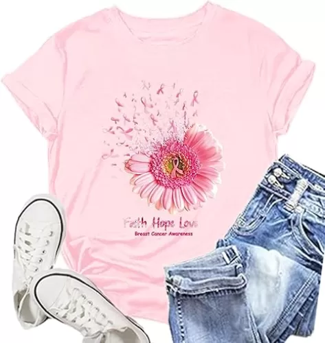 Breast Cancer Shirts for Women Sunflower Pink Ribbons T-Shirt Breast Cancer Awareness Tee Tops