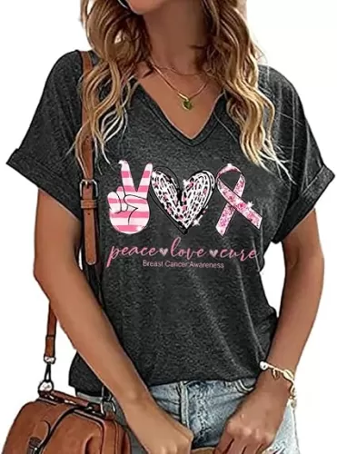 Breast Cancer T Shirt Women Pink Ribbon Shirts Funny Letter Print Cancer Fighter Tees Short Sleeve V-Neck Tops