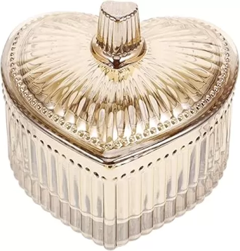 Cabilock Heart Shaped Glass Storage Jar with Lid, Amber Striped Decorative Jewelry Box, Glass Jar with Lid, Cookie Container for Home Decor, 3.74x3.62x3.22 Inches