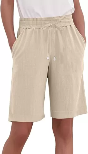 Casual Shorts for Women Knee Length Loose Wide Leg Bermuda 2025 Summer Elastic Waist Short Pants with Pockets