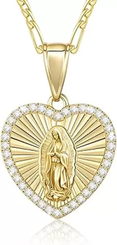 Catholic Gift Virgin Mary Necklace for Women, 14K Gold Plated Guadalupe Pendant Necklace Mother Mary, Cubic Zirconia Virgen de Guadalupe Charm Lady of Guadalupe Womens Jewelry Gift, 18/20/24 IN Chain