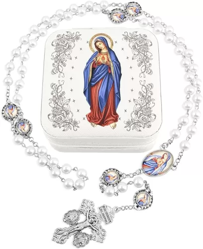 Catholic Rosary Necklace for Women with 8MM Glass Pearl Beads - Our Lady of Lourdes & Immaculate Heart of Mary Jewelry Gift, Travel Case, First Communion