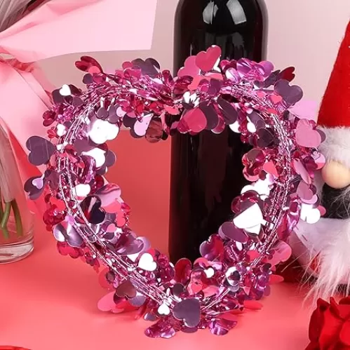 CCINEE 75 Feet Valentines Day Heart Garland, Pink Hearts Wired Tinsel Garlands for Tree Wreath Craft Home Classroom Party Ornaments 3 Roll