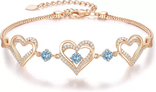 CDE Forever Love Heart Charm Link Bracelet for Women, 925 Sterling Silver Birthstone Bracelet Mother's Day Gift Anniversary Christmas Birthday Jewelry Gifts for Women Wife Her Girlfriend
