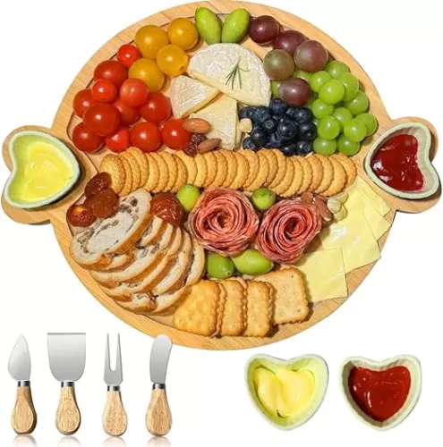 Charcuterie Boards, Cute Bamboo Cheese Board, House Warming Gifts New Home, Wedding Bridal Shower Gift, Birthday Mother's Day for Women Mom, Round Meat Fruit Serving Tray Platter