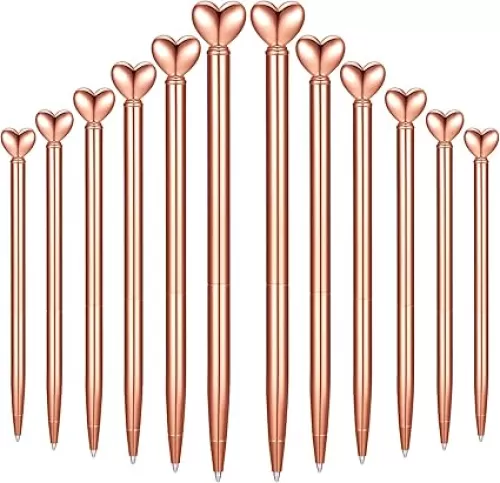 Chinco 12 Pieces Valentine Heart Shaped Pens Black Ink Retractable Metal Decorative Cute Pens Heart Ballpoint for Valentines Party Favor Women Wedding Bridal Shower Gifts (Rose Gold)