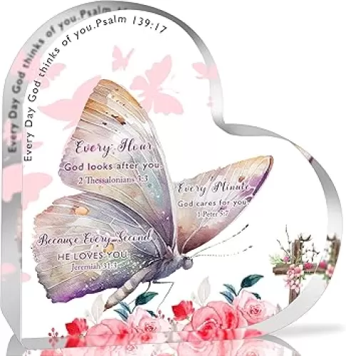 Christian Gifts for Women Religious Gifts Butterflies Inspirational Gifts with Bible Verse Prayers Desk Decor Acrylic Heart Shaped Keepsake Birthday Christmas Gifts Friendship Gifts for Women