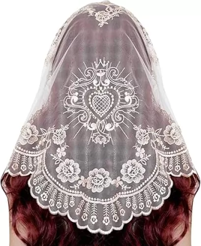 Church Veil Catholic Mass -Our Lady Embroidered Lace Triangle Headscarf Floral Church Veil Latin Mass Scarf