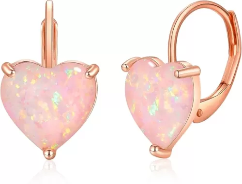 CiNily Heart Opal Earrings Short Leverback Drop Earrings for Women Hypoallergenic, Pendant Earrings 14K White Gold / Rose Gold Plated Hanging Lever Earrings Opal Hoops Fashion Jewelry Gifts for Sensitive Ears