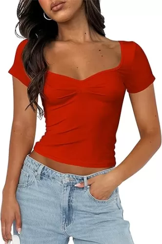 Cioatin Women Cute Sweetheart Neck Short Sleeve Crop Tops Ruched Summer Going Out T Shirt Y2K Clothes Tee Teens