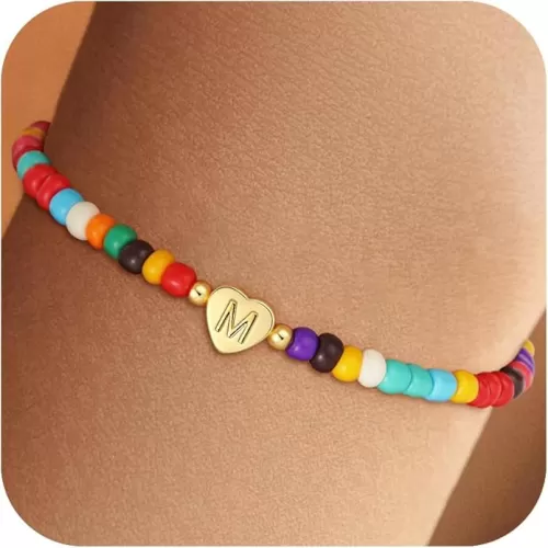 Colorful Initial Bracelets for Women Girls, Cute Beaded Heart Initial Bracelet Teen Girl Gifts Trendy Stuff Gold Personalized Bracelet Gifts for Women