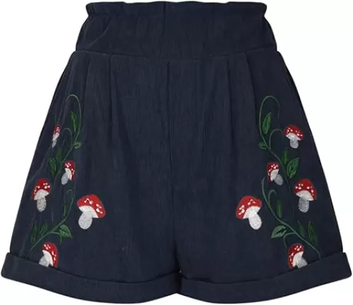 Corduroy Shorts for Women Mushroom Embroidery Lounge Shorts Elastic High Waisted Straight Leg Sweat Shorts