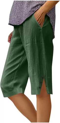 Cotton Linen Bermuda Shorts for Women Knee Lengh Straight Leg Capri Pants Lightweight Summer Beach Short with Pocket